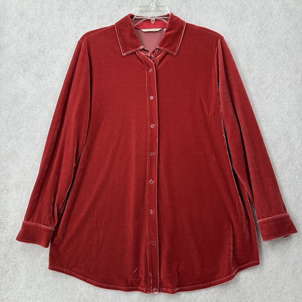 Soft Surroundings Velvet Boyfriend Tunic Shirt Womens LARGE Velour Red Long